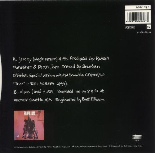 Pearl Jam Jeremy - White Vinyl UK 7